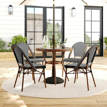 Martha Stewart Lily Pond 31” Round Indoor-Outdoor Bistro Dining Table with Aluminum Frame in Natural Woodgrain and Rattan Top in Black/White with Tempered Glass Top