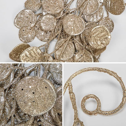 3 Pcs 6FT Christmas Garland Champagne Glittered Artificial Eucalyptus Leaves for Mantle Christmas Tree Decorations Indoor Outdoor Hanging Garland Ornaments Garden Door Window Stair Holiday Home Decor