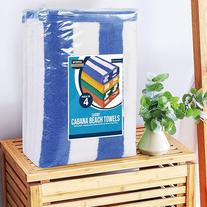 Utopia Towels 4 Pack Cabana Stripe Beach Towel Oversized 100% Ring Spun Cotton Beth Towels Highly Absorbent, Blue