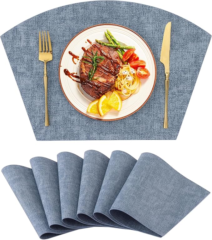 Homaxy Round Table Placemats Set of 6, Washable Wedge Shaped Faux Leather Table Mats, Wipeable Kitchen Dinner Place Mats for Indoor Outdoor, Blue