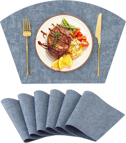 Homaxy Round Table Placemats Set of 6, Washable Wedge Shaped Faux Leather Table Mats, Wipeable Kitchen Dinner Place Mats for Indoor Outdoor, Blue