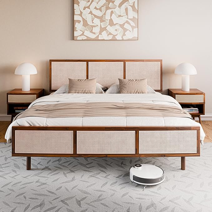 Bme Nancy King Size Bed Frame and Headboard, Unique Geometric Headboard, US Patent Pending Design, Mid Century Modern Style, Acacia Wood, 12 Slats, No Box Spring Needed, Easy Assembly, Dark Chocolate