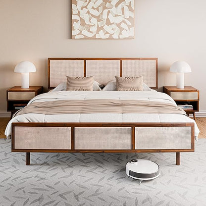 Bme Nancy King Size Bed Frame and Headboard, Unique Geometric Headboard, US Patent Pending Design, Mid Century Modern Style, Acacia Wood, 12 Slats, No Box Spring Needed, Easy Assembly, Dark Chocolate