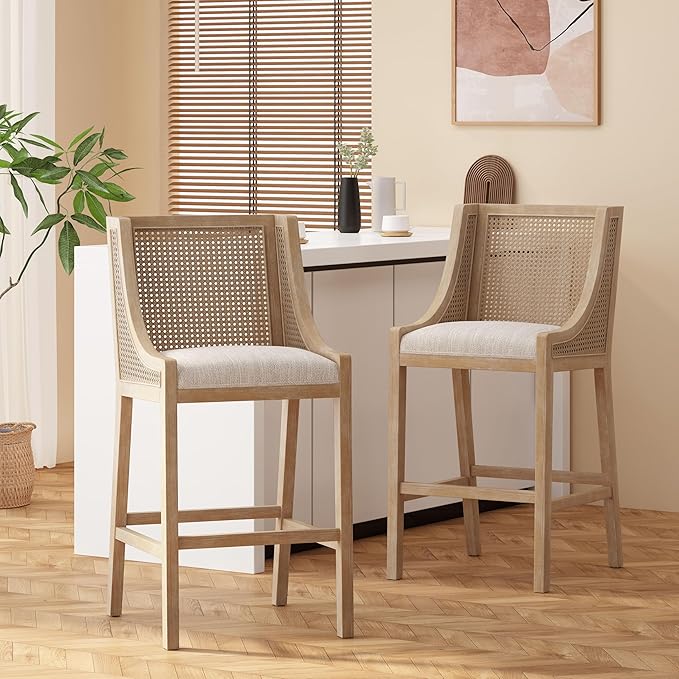 Merax 30" Fabric Upholstered Wood and Cane Barstools with Backrest,Set of 2,French Country Counter Stools Dining Chair