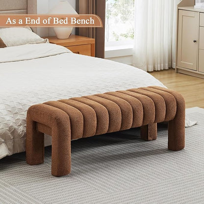 43’’ End of Bed Bench, Modern Boucle Entryway Bench, Upholstered Ottoman Stool with Full Coverage Fabrics, Ottoman for Bedroom, Living Room, Dining Room, Rust Brown
