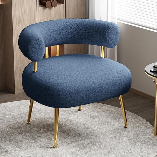 Mid Century Sherpa Boucle Accent Chair, Round Upholstered Barrel Arm Chair for Small Spaces, Fluffy Side Corner Chair for Living Room, Bedroom, Vanity, Office, Reading Nook(Navy Blue)