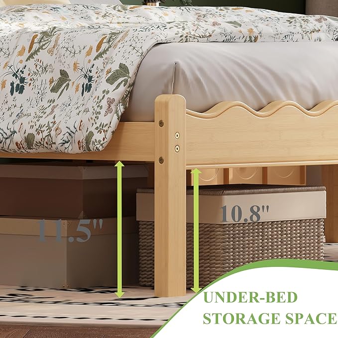 ZIYOO Solid Bamboo Wood Queen Bed Frame with Headboard, 14 inch Platform Bed Frames Queen No Box Spring Needed with Steel Slats, Sturdy and Stable, Easy Assembly, Noise Free