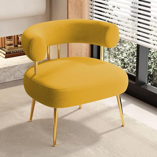 Modern Velvet Accent Chair, Round Upholstered Barrel Armchair for Small Spaces, Fluffy Side Corner Chair for Living Room, Bedroom(Yellow)