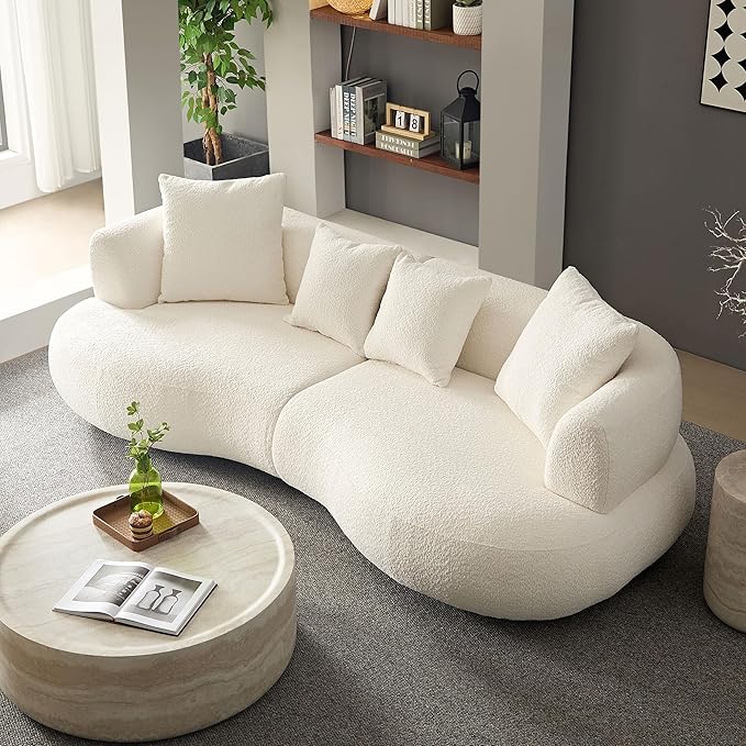 KEIKI 102" Curved Oversized Boucle Modular Sectional Sofa with 4 Throw Pillows, Mid-Century 4-Seater Upholstered Corner Plush Comfy Couch, Easy Assembly, for Apartment, Living Room, White
