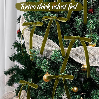 AYGXU 30pcs Velvet Bows for Christmas Tree Decorations,Twist tie Bows,Vintage Christmas Bow Decor,premade Bow for Gift Wrapping,Table,Garland,Fireplace Decor.Olive Green(5/8" W,5.1 * 7in)