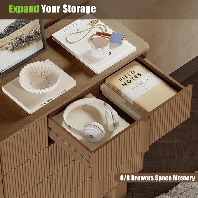 Fluted Dresser for Bedroom with 8 Drawers, 47" Wide Modern Chest of Drawers with Wooden Handle, Wooden Dresser TV Stand, Wood Closet Clothes Storage Organizer for Living Room, Hallway, Natural Oak