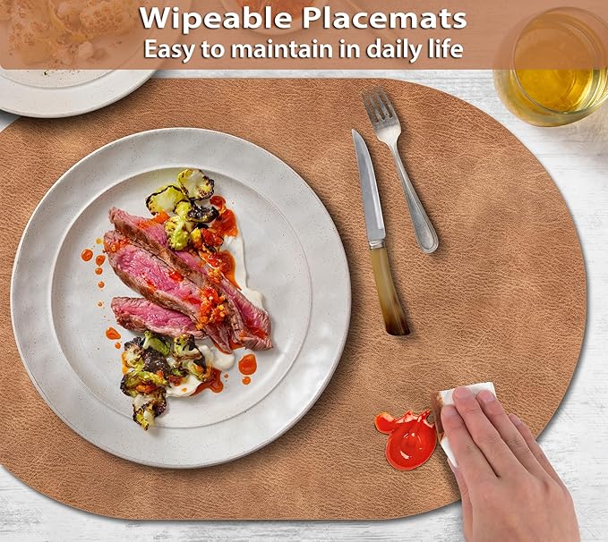 ADRIMER Placemats, Heat Resistant Oval Placemats Set of 8 Washable 12 x 17 Inch, Waterproof Table Mats, Wipeable Pu Place Mats for Kitchen, Dining Room, Sandy Light Brown
