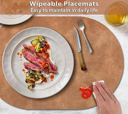ADRIMER Placemats, Heat Resistant Oval Placemats Set of 8 Washable 12 x 17 Inch, Waterproof Table Mats, Wipeable Pu Place Mats for Kitchen, Dining Room, Sandy Light Brown