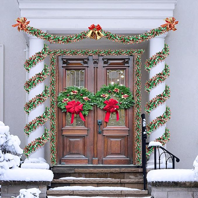 50 FT Christmas Tinsel Garland for Christmas Tree Decorations, Red Green Silver Metallic Twist Shiny Hanging Xmas Garlands for Stairs Mantle Fireplace Home Indoor Outdoor Holiday Party Suppliers Decor