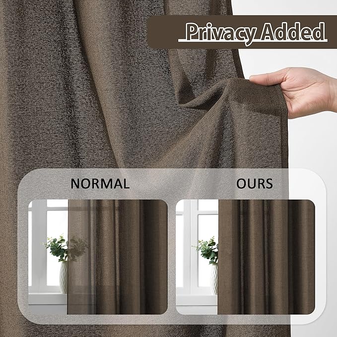 Brown Pleated Linen Curtains 63 Inches Long Farmhouse Semi Sheer Memory Trained Shape Pinch Pleat Drapes with Hooks Back Tab Ripple Fold Curtain for Bedroom Living Room 42x63