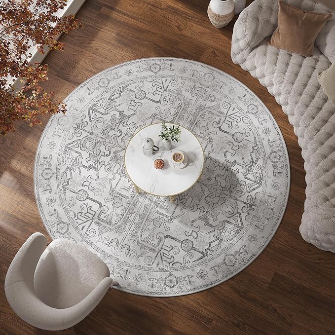jinchan Vintage Floral Round Rug 7ft Washable Non-Slip, Grey