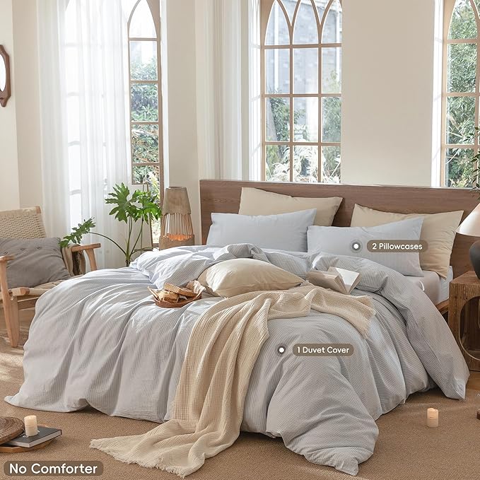 MooMee Striped Duvet Cover Set 100% Washed Cotton Linen Like Textured Breathable Durable Soft Comfy (Cornflower Blue White Pinstripes, Palatial King/Oversized King 120"x98")