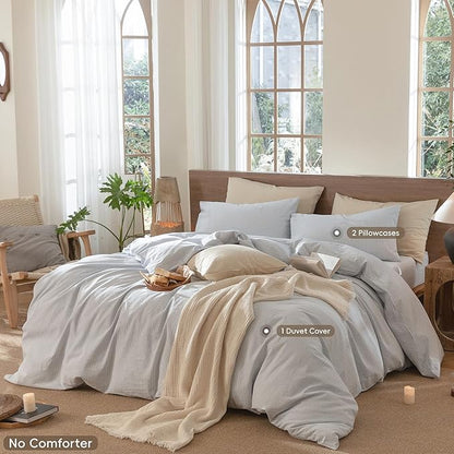 MooMee Striped Duvet Cover Set 100% Washed Cotton Linen Like Textured Breathable Durable Soft Comfy (Cornflower Blue White Pinstripes, Super King Plus 120"x120")