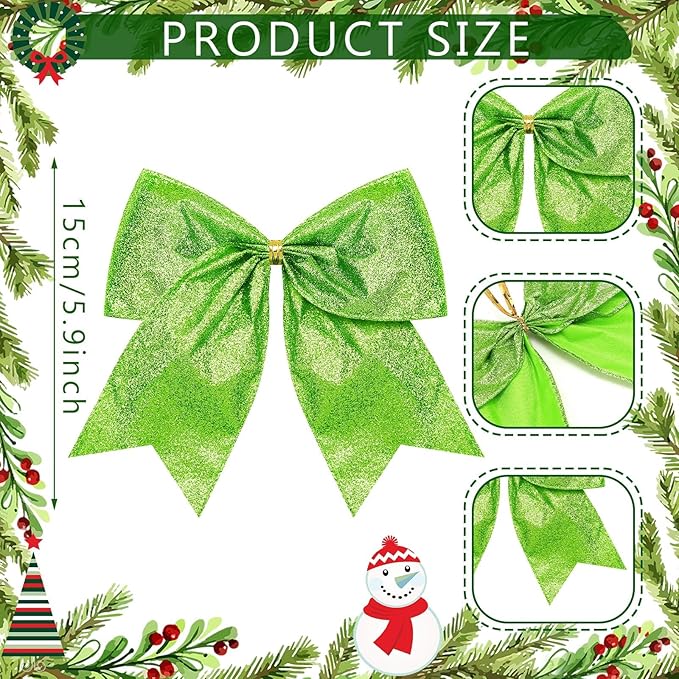 Cindeer 24 Pcs Lime Green Christmas Bow Decorations 6 x 6 Inches, Glitter Holiday Ornaments Sequin Ties Bows for Xmas Tree, Wreath, DIY Crafts, Gift Wrapping, Party Decor
