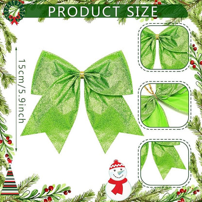 Cindeer 24 Pcs Lime Green Christmas Bow Decorations 6 x 6 Inches, Glitter Holiday Ornaments Sequin Ties Bows for Xmas Tree, Wreath, DIY Crafts, Gift Wrapping, Party Decor