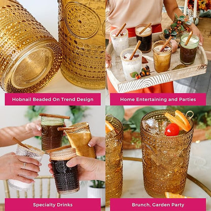 Kate Aspen Hobnail Beaded Floral Amber Drinking Glasses, (13 oz) Vintage Glassware Set Cocktail Glass Set, Juice Glass, Water Cups | Great Hostess Gift & Gift for New Home Owners | (Pack of 24)