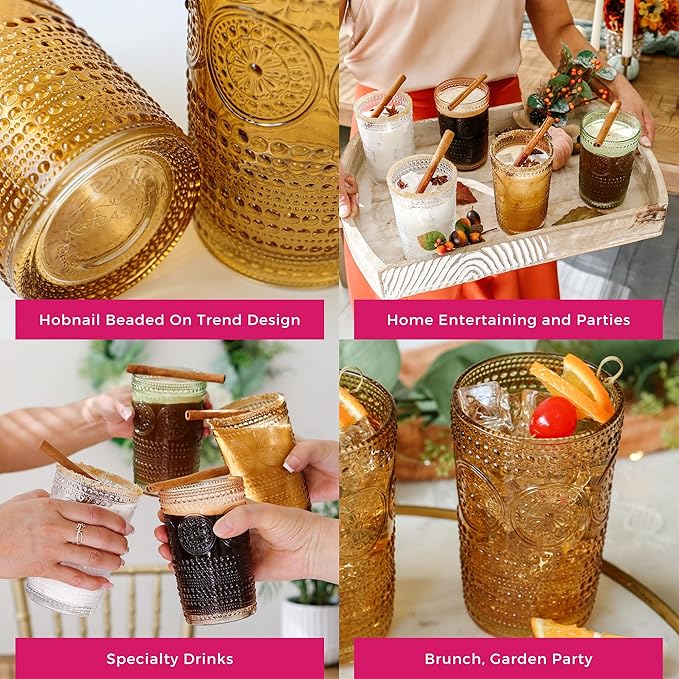 Kate Aspen Hobnail Beaded Floral Amber Drinking Glasses Set of 6, (13 oz) Vintage Glassware Set Cocktail Glass Set, Juice Glass, Water Cups | Great Hostess Gift & Gift for New Home Owners