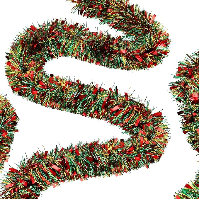 50 Feet Christmas Tinsel Garland Metallic Twist Garland Xmas Tree Decorations Wedding Birthday New Year Hanging Ornaments Party Supplies 3 Inch(Red, Green and Gold)