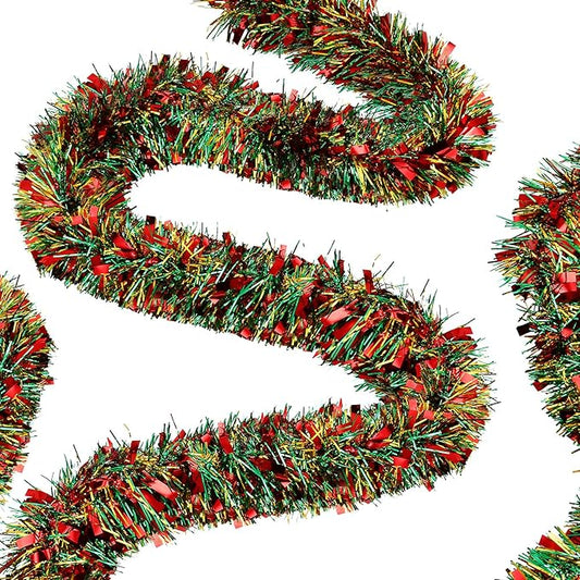 50 Feet Christmas Tinsel Garland Metallic Twist Garland Xmas Tree Decorations Wedding Birthday New Year Hanging Ornaments Party Supplies 3 Inch(Red, Green and Gold)