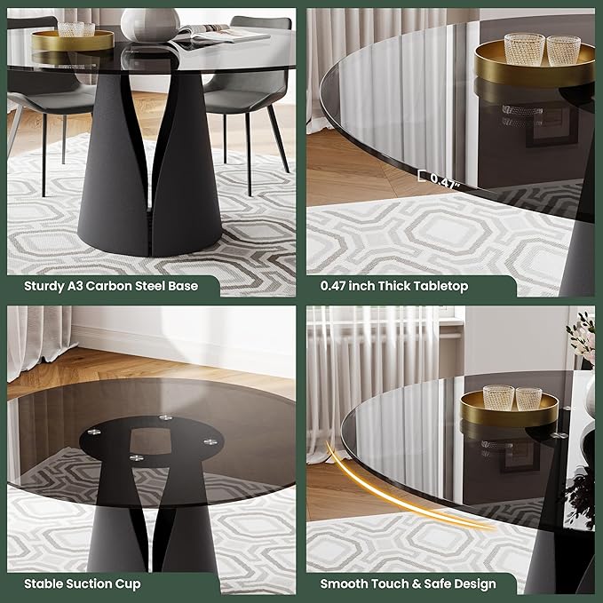 POVISON 47" Glass Round Dining Table for 6, Modern Dining Table Dining Room Table Round Black Glass Top with Solid Black Carbon Steel Base for Kitchen(Table Only)