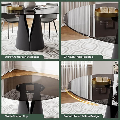 POVISON 47" Glass Round Dining Table for 6, Modern Dining Table Dining Room Table Round Black Glass Top with Solid Black Carbon Steel Base for Kitchen(Table Only)