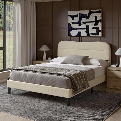Queen Size Bed Frame with Headboard, upholstered Bed Frame Queen Size, Teddy Soft Boucle Fabric, Soft Cloud Marshmallow Shape Upholstered Headboard, No Box Spring Needed, Noise Free (Beige)