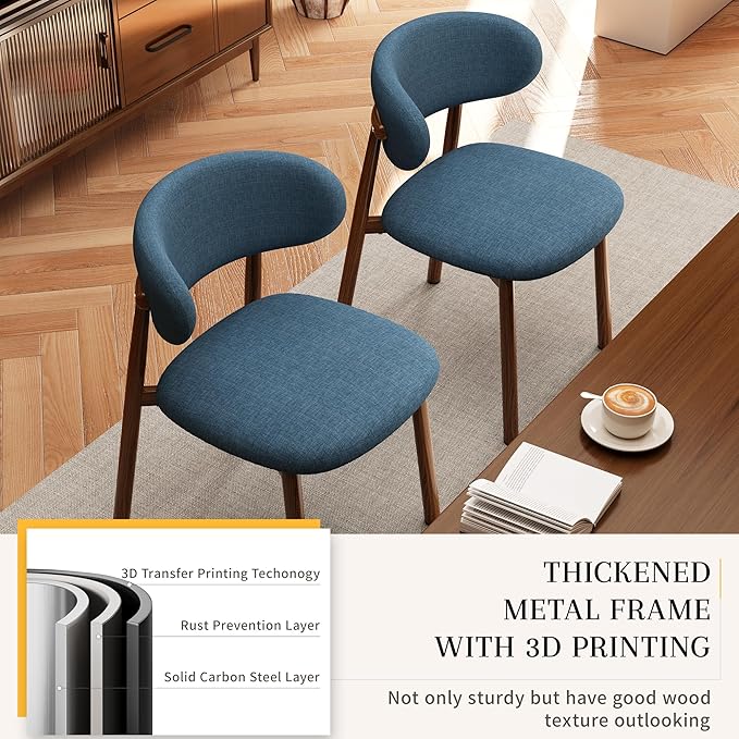Kitchen Dining Chairs Set of 4 Modern Soft Linen Farmhouse Dining Room Chair with Metal Legs, Blue/Walnut