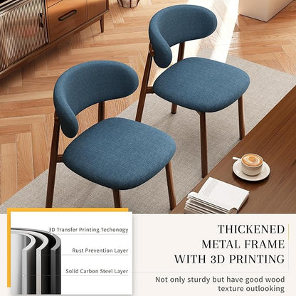 Kitchen Dining Chairs Set of 4 Modern Soft Linen Farmhouse Dining Room Chair with Metal Legs, Blue/Walnut