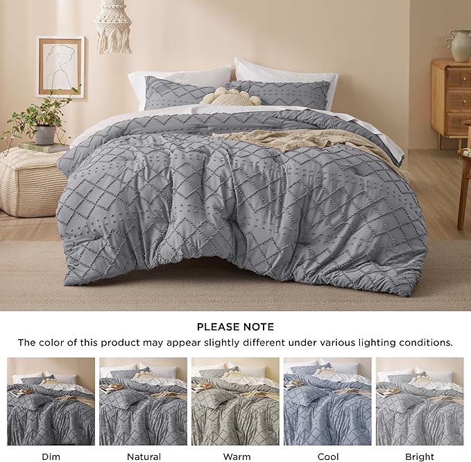 Bedsure King Comforter Set - Grey Comforter, Boho Tufted Shabby Chic Bedding for Kids, 3 Pieces Vintage Farmhouse Bed Set for All Seasons, Fluffy Soft Bedding with 2 Pillow Shams