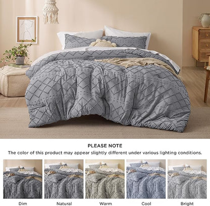 Bedsure Full Comforter Set - Grey Comforter, Boho Tufted Shabby Chic Bedding for Kids, 3 Pieces Vintage Farmhouse Bed Set for All Seasons, Fluffy Soft Bedding with 2 Pillow Shams