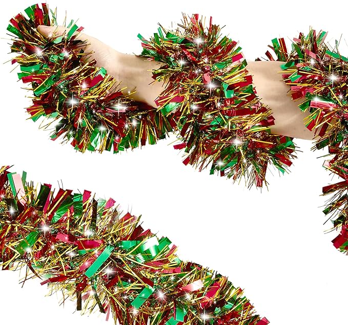 50FT Tinsel Christmas Garland Metallic Twist Garland Shiny Hanging Tinsel for Christmas Tree Party Supplies Indoor Outdoor Home Xmas Decoration (Gold Red Green)