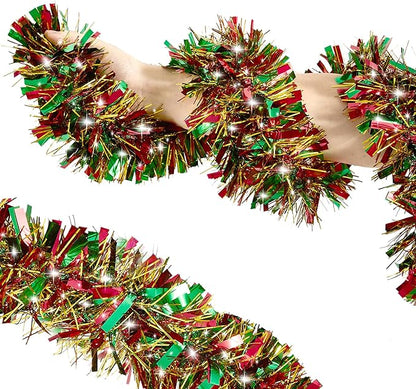 50FT Tinsel Christmas Garland Metallic Twist Garland Shiny Hanging Tinsel for Christmas Tree Party Supplies Indoor Outdoor Home Xmas Decoration (Gold Red Green)