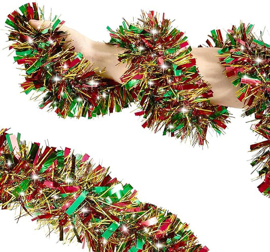 50FT Tinsel Christmas Garland Metallic Twist Garland Shiny Hanging Tinsel for Christmas Tree Party Supplies Indoor Outdoor Home Xmas Decoration (Gold Red Green)