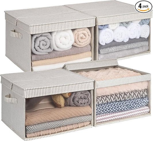 StorageWorks Storage Bins with Lid and Clear Window, Fabric Storage Boxes with Lids, Stackable Basket for Shelves, Closet Organizer and Storage Bins, Khaki and Beige Stripes, Jumbo, 4-Pack