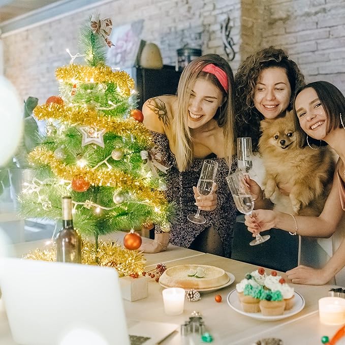 CANREVEL 4 Pieces 26.2 Ft Christmas Garland Metallic Shiny Twist Tinsel Garland Hanging Decorations for Christmas Tree, Mantle, Stairs Railing Decorations - Gold