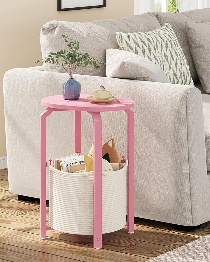 TUTOTAK Small Side Table, Oval End Table, Night Stand, Bedside Table, Set of 2, Sofa Table with Storage Basket, Living Room, Bed Room, Pink TB01BP0932