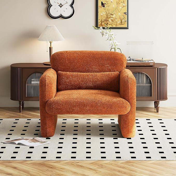 33.86" Accent Chairs, Modern Upgrade Sherpa Fabric Arm Chair Comfy Upholstered Armchair Leisure Single Sofa Chair with a Waist Pillow for Bedroom, Office and Living Room