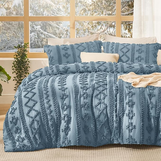 Bedsure Tufted Boho Comforter Set Twin Size - Grayish Blue Boho Bed Set, GentleSoft™ 2 Pieces Farmhouse Shabby Chic Embroidery Bedding, Gifts for Woman, Soft Jacquard Twin Comforter for All Seasons