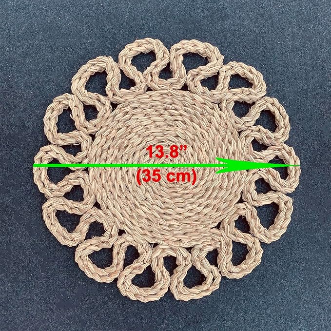 13.8" Set of 12 Round Seagrass Placemats | Boho Woven Rattan Table Mats | Farmhouse Wicker Spring Plate Chargers Like Water Hyacinth, Corn Husk for Wedding, Party, Christmas, Events