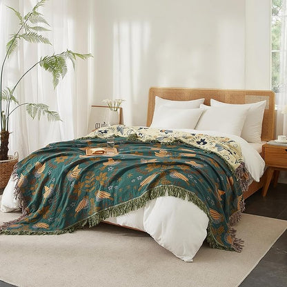 Boho Throw Blanket 100% Cotton Woven Ultra Soft 4-Layer Muslin Quilt Farmhouse Bed Blanket Cover 90"x98", Bird Floral
