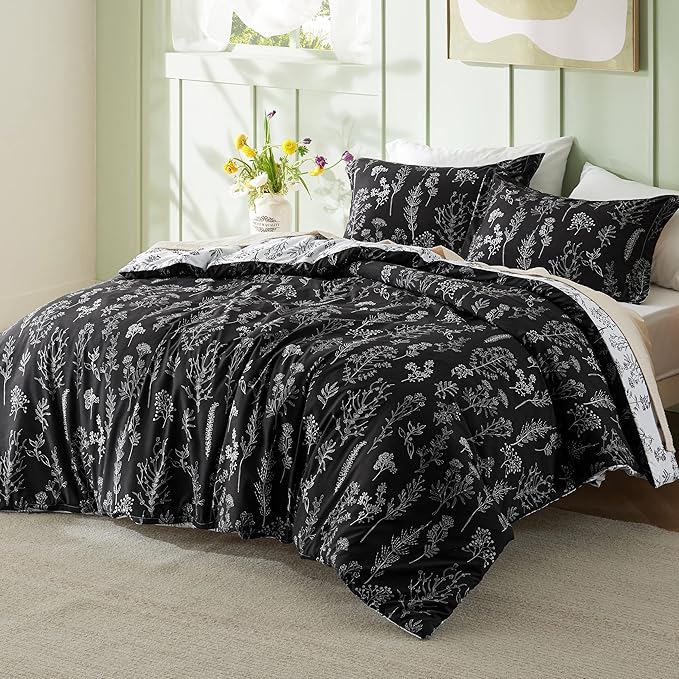 Bedsure Twin/Twin XL Comforter Set - Black Bed Set, 2 Pieces Cute Floral Bedding, 1 Soft Reversible Botanical Flowers Comforter and 1 Pillow Sham
