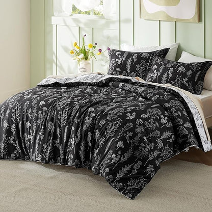 Bedsure Twin/Twin XL Comforter Set - Black Bed Set, 2 Pieces Cute Floral Bedding, 1 Soft Reversible Botanical Flowers Comforter and 1 Pillow Sham