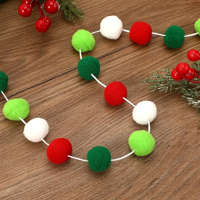 MARFOREVER 4 Pack 26.3 Feet Christmas Pom Pom Garland Ornaments Red White Green 30 Balls Christmas Felt Ball Garland Hanging Supplies for Xmas School Classroom Fireplace Wall Home Party Decor