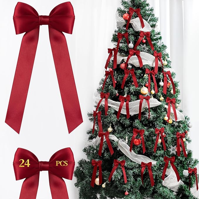 AYGXU 24pcs Christmas Bows,red Bows for Gift Wrapping,Bow for Christmas Tree,Double-Sided Ribbon Bow Decorations for Christmas Party,Bag Ties Twists