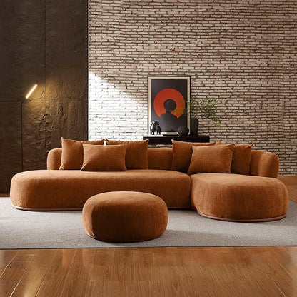 WILLIAMSPACE 134.63" Oversize Curved Sofa Cloud Couch with Round Chaise & Ottoman, Modern Upholstered Curved Sectional Sofa Couch with 6 Pillows for Living Room, No Assembly (Right-Facing,Orange)